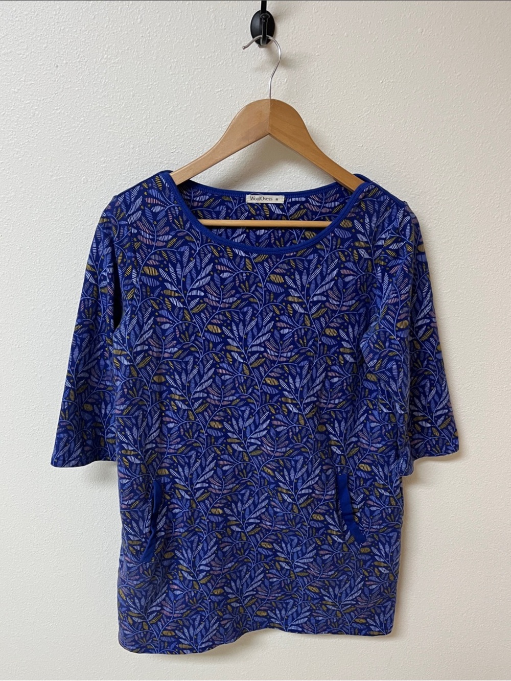 WoolOvers  Blue Leaf-Print Scoop Neck 3/4 Sleeve Tunic top/dress women’s size M